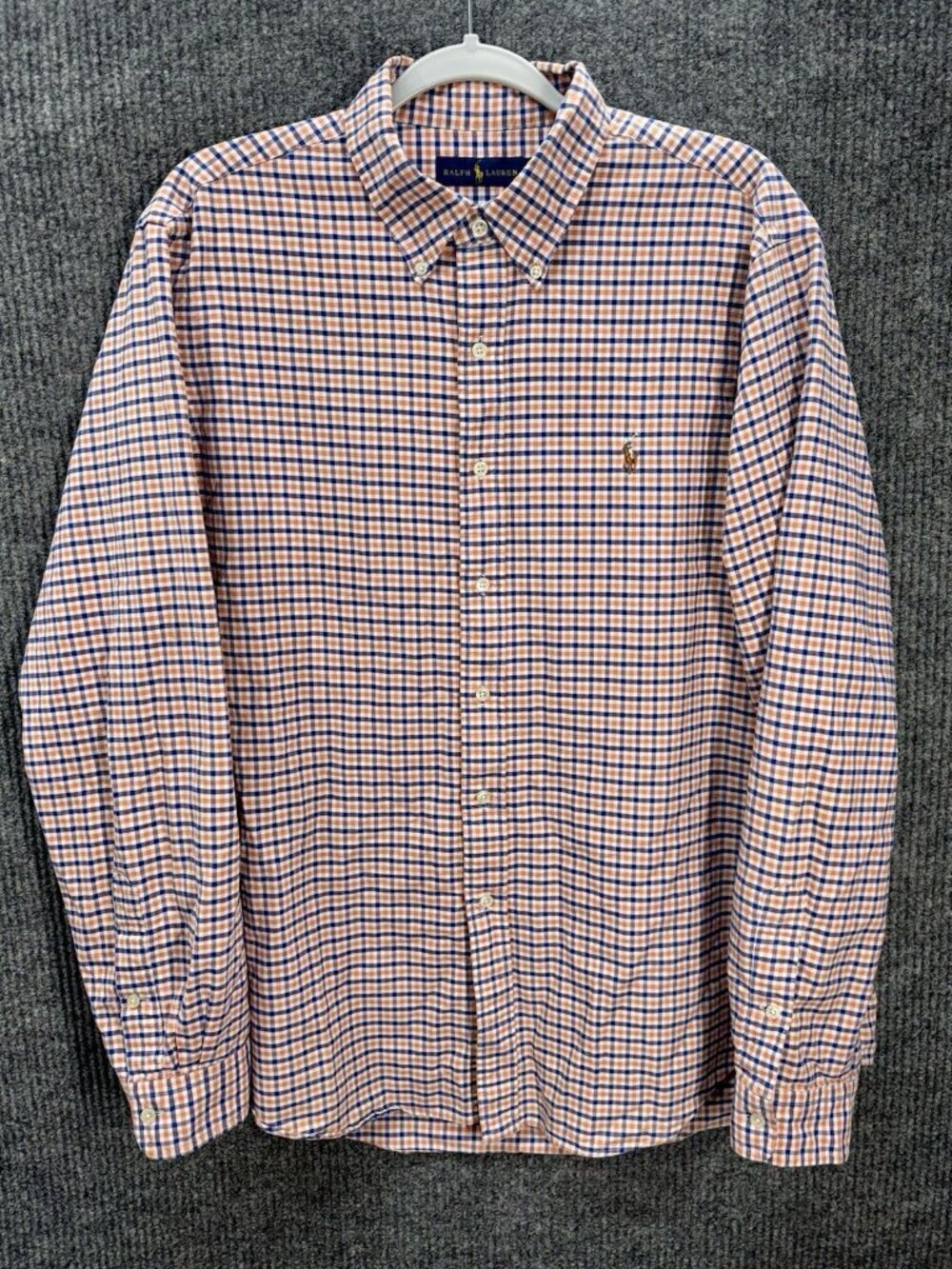 Ralph Lauren Button Shirt Mens XL Orange Blue Plaid Flesh Pony Logo Long Sleeve